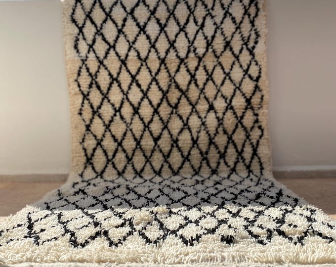 Authentic Moroccan Berber Rug | Hand-Woven Beni Ourain Style Wool Carpet | Black & Ivory Diamond