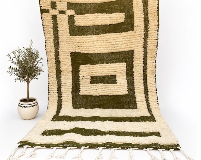 Handmade Moroccan Rug Olive Green Ivory Geometric Custom Size Personalised Berber Wool Carpet