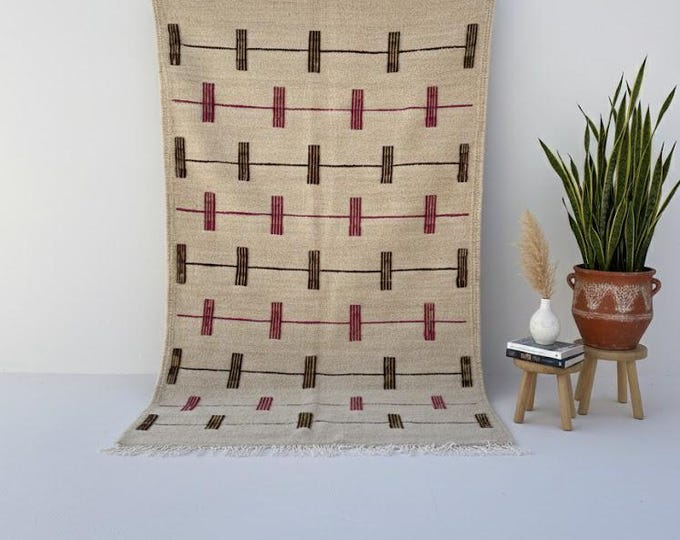 Handmade Moroccan Kilim Rug Geometric Pattern Berber Flat Weave Tribal Wool Carpet Boho