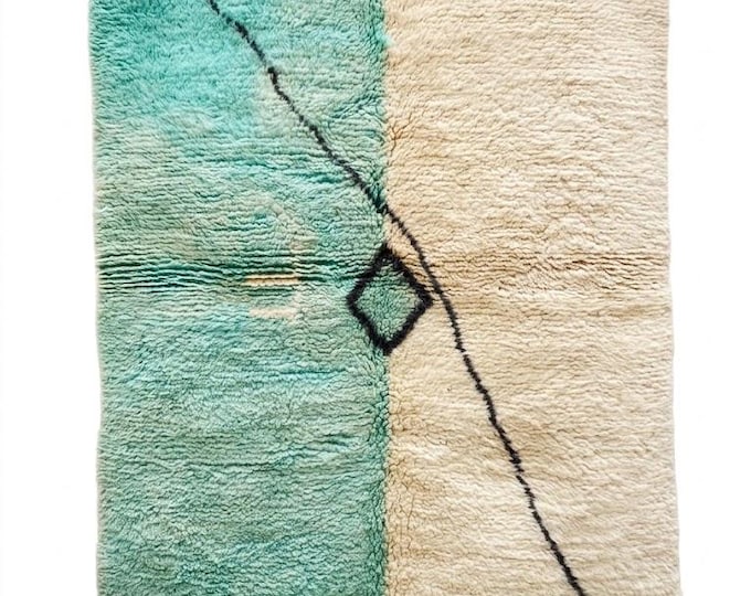 Beni Ourain Moroccan Rug Teal Ivory Handmade Wool Shag Diamond Living Room Décor