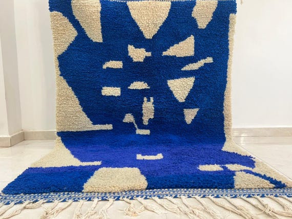 Moroccan Beni Ourain Rug Blue Cream - Handwoven Wool Carpet 6x9 Boho Living Room Gift