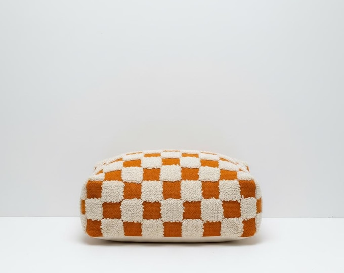 handmade Orange & Cream Checkered Pouf - Handcrafted Floor Cushion