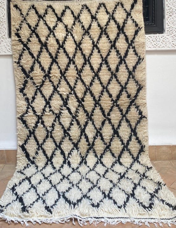 Moroccan Beni Ourain Rug Black Cream - Handwoven Berber Carpet 5x7 Boho Home Decor Gift