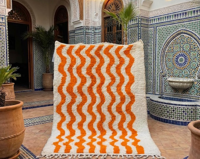 Handwoven Moroccan Berber Wool Rug: Orange Chevron, Boho Decor , area rug