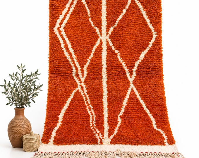 Handmade Terracotta Moroccan Wool Rug Orange Boho Area Rug Tribal Berber Diamond Carpet