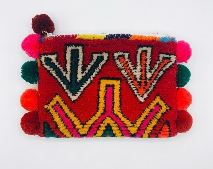Handmade Moroccan Berber Clutch - Vibrant Red Wool Purse with Colorful Pom Poms Traditional rug