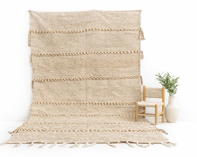 Moroccan Wool Rug 5x8 ft, Handmade Berber Kilim, Neutral Boho Flatweave Carpet