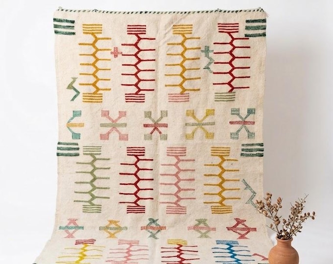 Handmade Moroccan Wool Rug 3.6×5.4 ft | Colorful Berber Kilim Flatweave Tribal Symbol