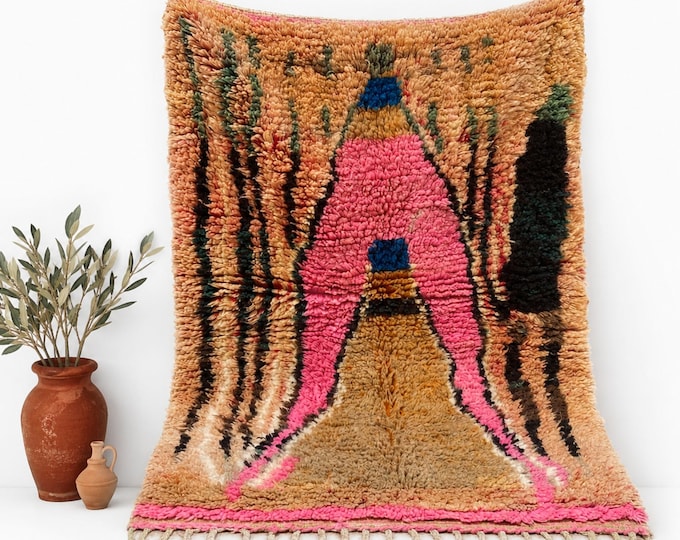 Handmade Moroccan Berber Rug Colorful Wool Shag Bohemian Area Rug Pink Blue Accent Artisan