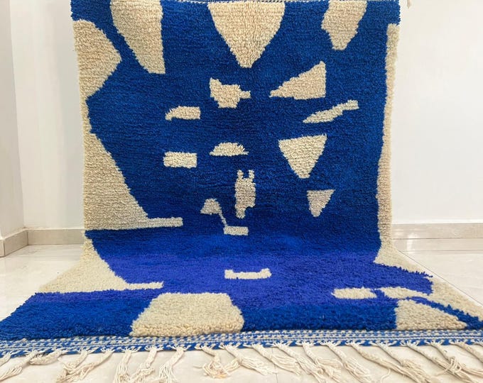 Handmade Moroccan Azilal Rug - Blue & Cream Abstract Berber Carpet | Made to Order
