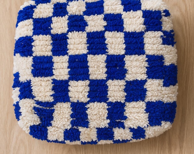 Blue Checkered Moroccan Pouf 24"x24" | Handwoven Berber Floor Cushion | Boho Ottoman Gift | Unstuffed