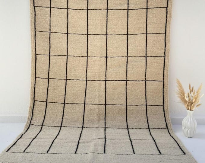 Handwoven Moroccan Berber Rug | Minimalist Grid Pattern | Natural Wool Beni Ourain Style Carpet |