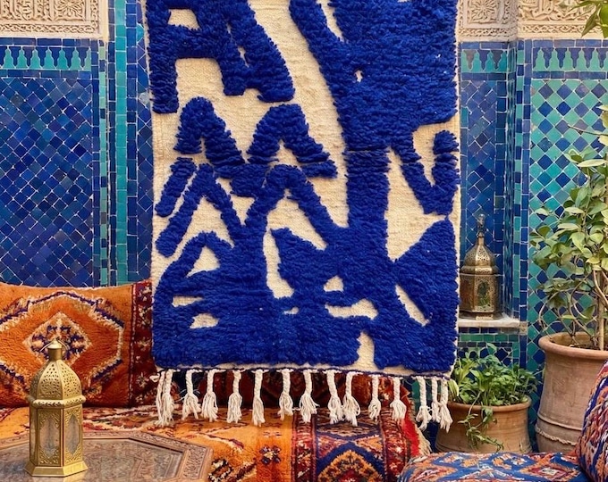 Moroccan Blue Rug 3.3x2ft | Handwoven Berber Carpet | Boho Gift | Tribal Home Decor