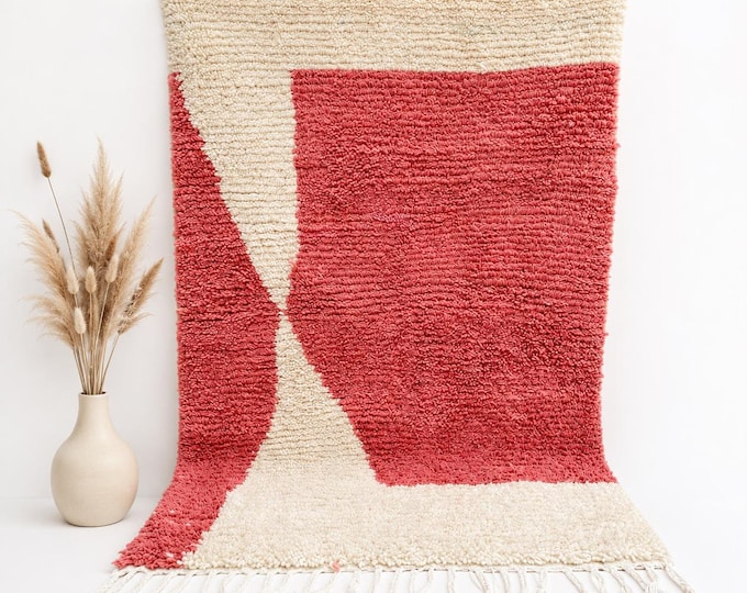 Moroccan Beni Ourain Rug 5x3 Pink Ivory Abstract Organic Handmade Wool Shaggy Berber