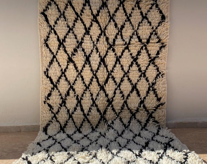 Beni Ourain Rug 150x80cm | Handwoven Moroccan Wool Carpet | Black & White Diamond Pattern | Berber Rug