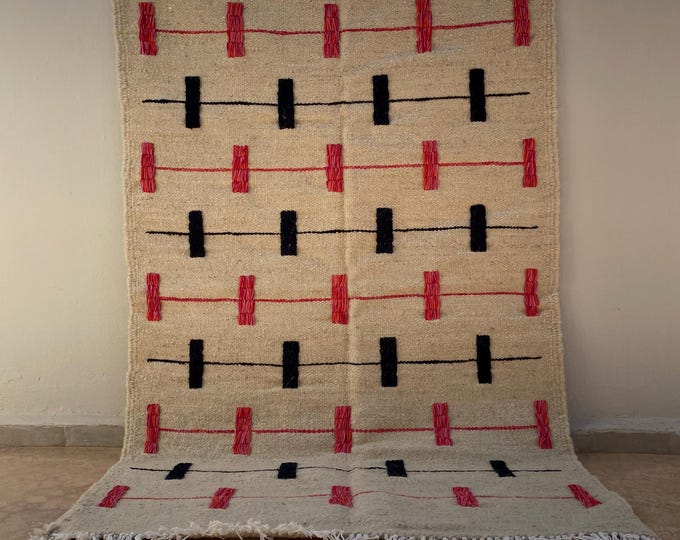 Handwoven Wool Flat weave Berber Rug -kilim - minimalist dark blue and pink (130x80cm)