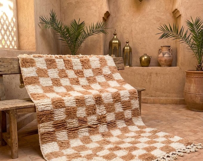 Moroccan Checkered Rug 4.3x3ft | Brown Cream Berber Carpet  | Handwoven Wool Rug | Boho Gift