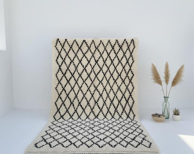 Black and Ivory Diamond Rug - Handmade Moroccan Berber Wool Carpet 6.9x3.6 ft