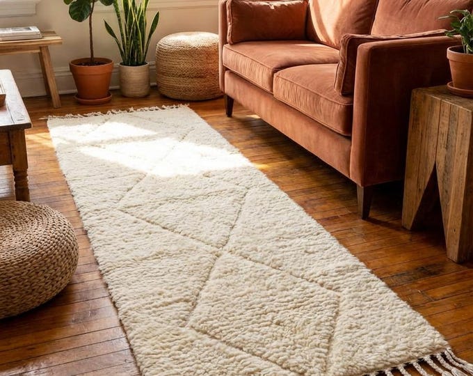 Moroccan Beni Ourain Runner Rug Gift | 153x60cm Handwoven Wool | Cream White Berber Carpet | Housewarming Wedding Gift Home Decor