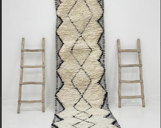 Authentic Beni Ourain Runner rug 214x61cm | Handmade Moroccan Wool Rug | Geometric Diamond Pattern | Boho Hallway Decor