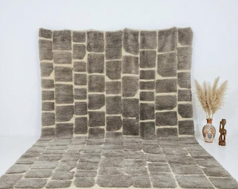 Handwoven Moroccan Beni Ourain Rug Gray Geometric Pattern Wool Berber Carpet Luxury Home