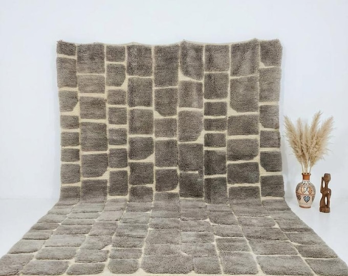 Handwoven Moroccan Beni Ourain Rug Gray Geometric Pattern Wool Berber Carpet Luxury Home