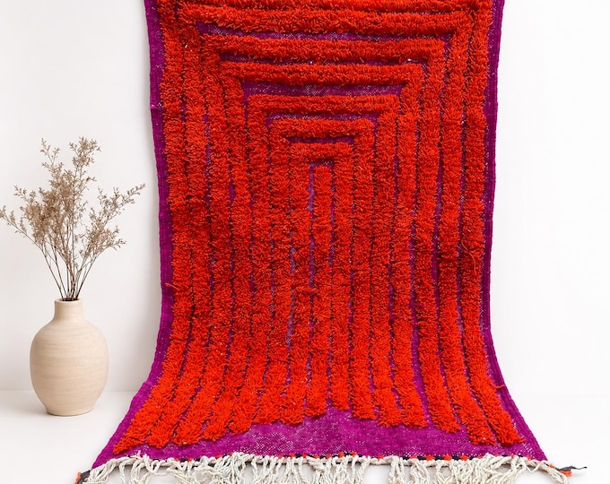 Moroccan Beni Ourain Rug 5x3 Red Purple Abstract Handmade Wool Shaggy Berber Carpet