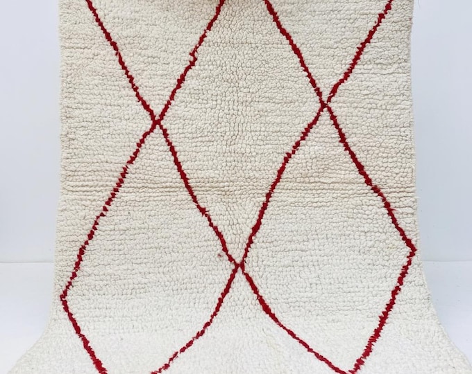 White and Red Beni Ourain Rug, Handmade Moroccan Wool Carpet, 5x3 Area Rug