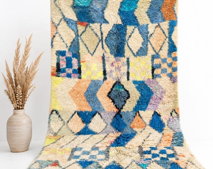 Moroccan Beni Ourain Rug 4x8 Multicolor Abstract Handmade Wool Shaggy Berber Carpet Boho