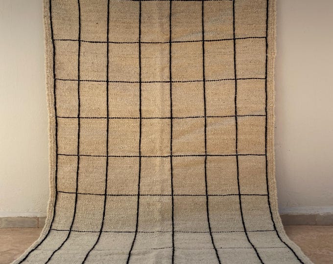 Handwoven Moroccan Berber Rug | Minimalist Grid Pattern | Natural Wool Beni Ourain Style Carpet |