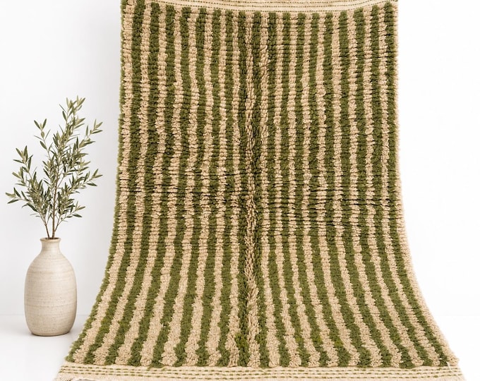 Moroccan Beni Ourain Rug 4x6 Green Ivory Stripe Handmade Wool Shaggy Berber Carpet