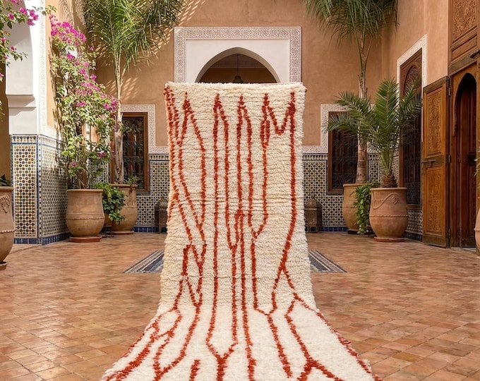 Moroccan Beni Ourain Runner Rug Gift | 214x61cm Handwoven Wool | Rust Orange Cream Berber Carpet | Housewarming Wedding Gift