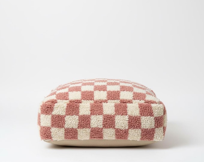 Handmade Pink Checkered Moroccan Wool Pouf Large Square Berber Ottoman For Boho Home Decor