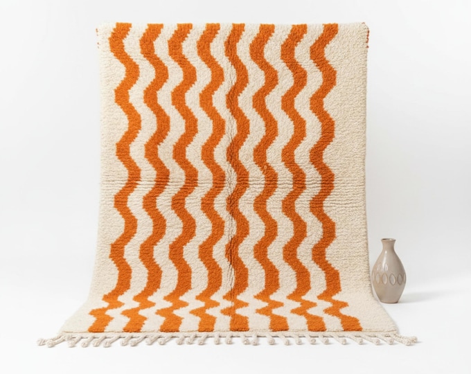 Handmade Moroccan Wool Rug | Orange Wave Berber Carpet, Beni Ourain Style, Boho Area Rug