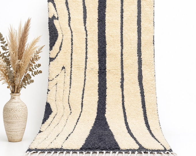 Handmade Moroccan Wool Rug Organic Modern Charcoal Cream Beni Ourain Area Carpet