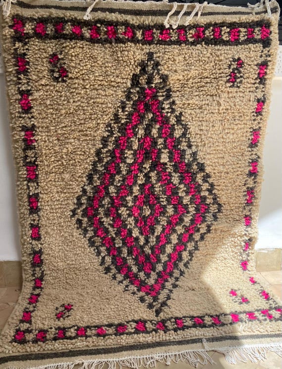 Handwoven Berber Rug Pink Cream Morocco - Wool Carpet  4x6 Boho Bedroom Decor Gift