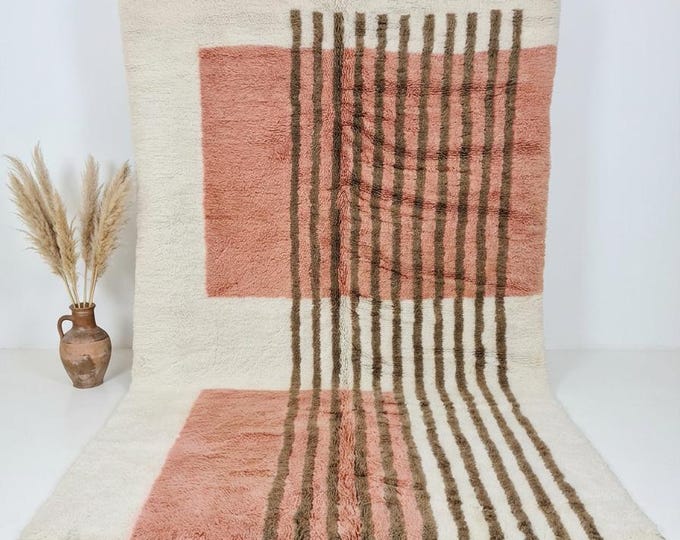 Handmade Moroccan Wool Rug With Soft Blush Blocks And Timeless Berber Striped Design