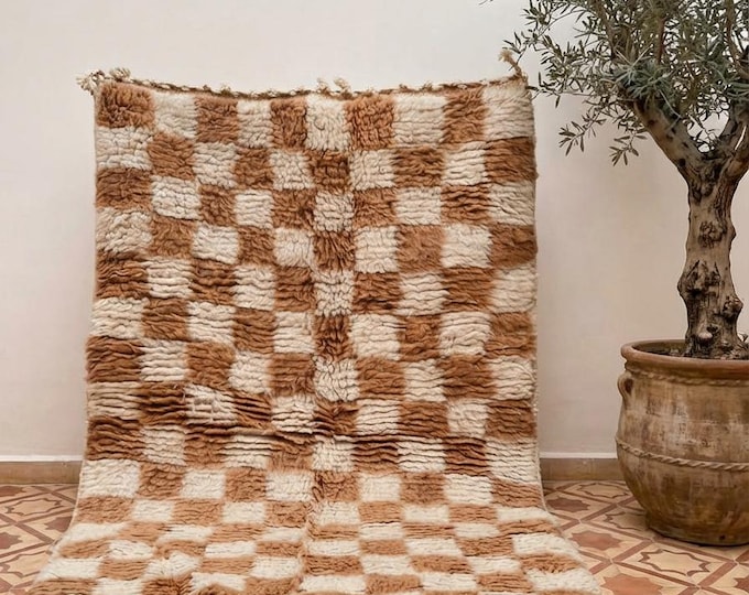Brown Checkered Beni Ourain Rug - 3x4.3 ft Handmade Moroccan Wool Carpet