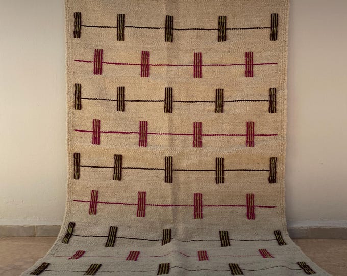 Small Moroccan Flat-Weave Rug | Minimalist Kilim with Burgundy & Olive Green Stripes