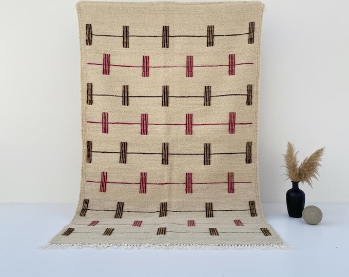 Small Moroccan Flat-Weave Rug | Minimalist Kilim with Burgundy & Olive Green Stripes