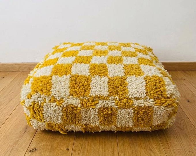 handmade Moroccan Checkerboard Pouf | Mustard Yellow & Cream Hand-Woven Floor Cushion | Boho Home Decor