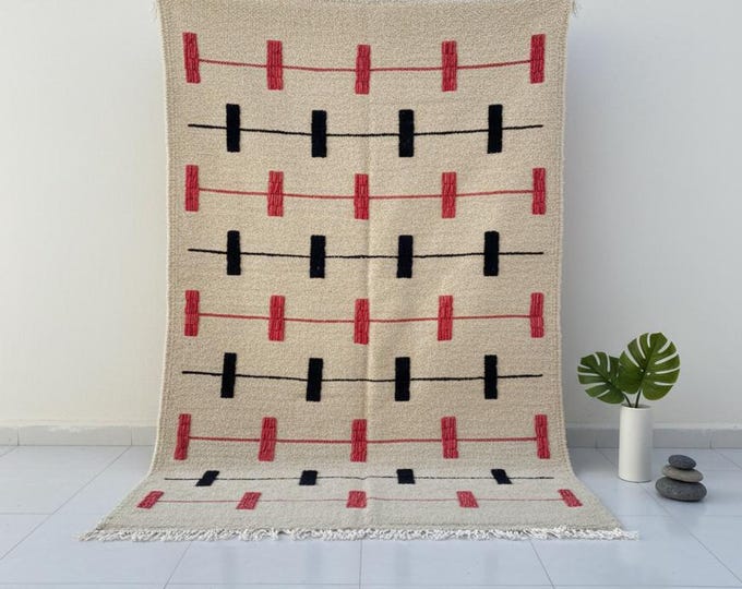 Handwoven Wool Flat weave Berber Rug -kilim - minimalist dark blue and pink (130x80cm)