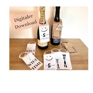 Flaschenanhänger mit und ohne Geldfach Weinflasche, 5 o clock somewhere, Wine o clock, wine time. DOWNLOAD!!!
