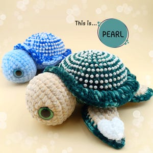 Può includere: Due giocattoli di tartaruga all'uncinetto. Uno è blu con puntini bianchi e l'altro è verde con perline bianche e un cuore bianco sul guscio. Il testo "This is... PEARL" è in un cerchio sopra le tartarughe.