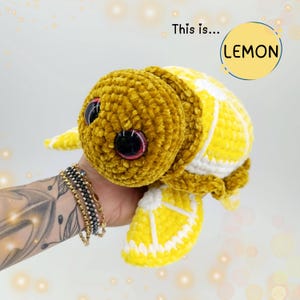 Può includere: Un giocattolo di peluche a forma di tartaruga a crochet a forma di limone con grandi occhi sporgenti. La tartaruga è gialla e bianca con una testa marrone e ha una superficie testurizzata e pelosa.