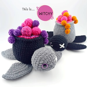 Può includere: Due cestini a forma di tartaruga all'uncinetto con pompon colorati all'interno. Il testo "This is... WITCHY" è visibile nell'immagine.