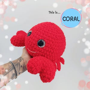 Può includere: Un peluche a forma di granchio all'uncinetto, fatto a mano, di colore corallo acceso, con grandi occhi scintillanti. Il granchio ha una bocca sorridente ed è etichettato "CORAL" in un cerchio blu. Il peluche è tenuto da una persona.