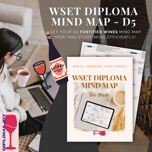 May include: A WSET Diploma Mind Map D5 study guide for fortified wines featuring a digital tablet displaying a mind map, a notebook, and a pen. The graphic includes a stylized illustration of a sherry bottle and a wine glass with text.