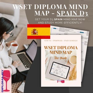 May include: A WSET Diploma Mind Map study guide for Spain D3 featuring a document with the text WSET DIPLOMA MIND MAP The Guide, a tablet displaying a digital mind map, a cup of coffee, and a dried plant sprig, alongside the Spanish national flag.