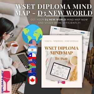 May include: Image features a study guide titled "WSET DIPLOMA MIND MAP - D3 NEW WORLD". The guide includes tips, tricks, and a study schedule. A person is using a laptop and drinking tea. Flags of different countries are also shown.